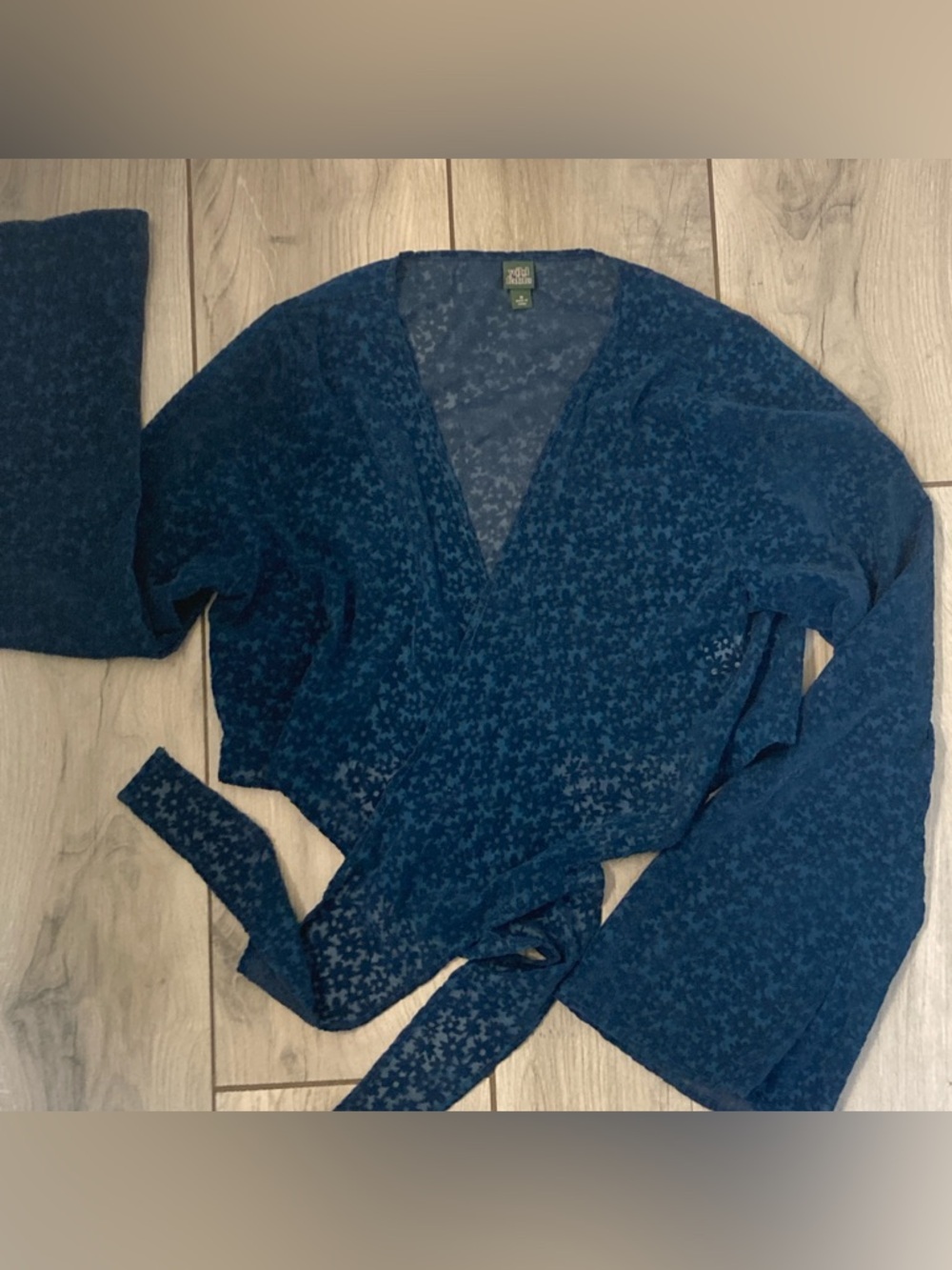 Wild Fable Dark Teal Blue Flocked Floral Long Bell Sleeve Top with Tie Waist